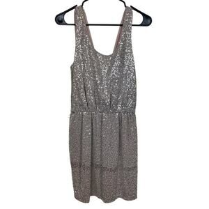 Express Silver Sequin Sleeveless Dress With Deep V-Back & Elastic Waist, Medium